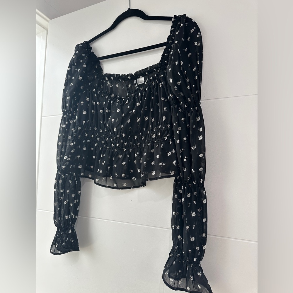 H&M Divided Black Floral Ruffle Long Sleeve Crop Top Festival Outfit |Size S - Picture 9 of 12